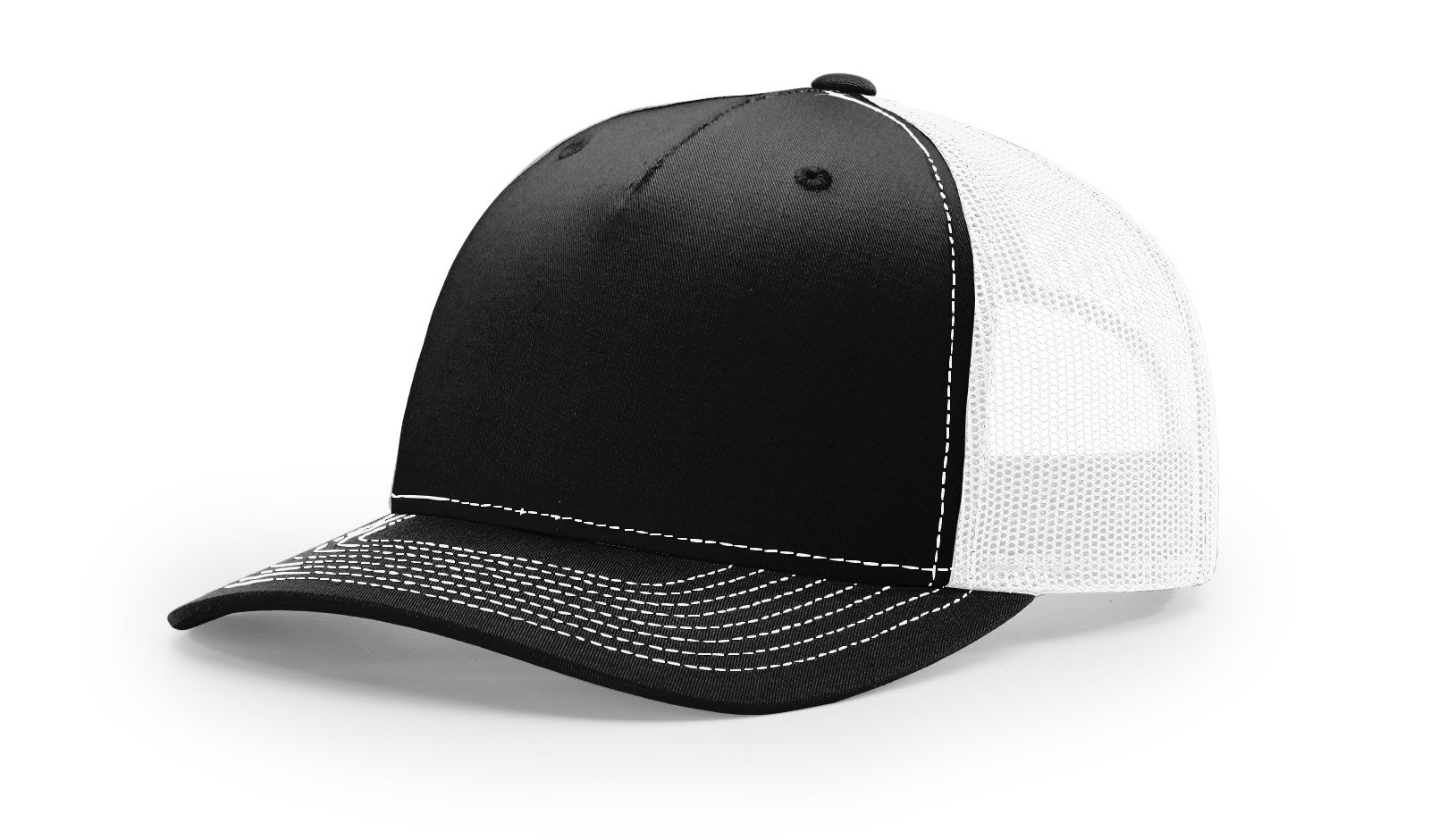 Richardson 112FP Trucker Hat in black and white with mesh back and curved bill.