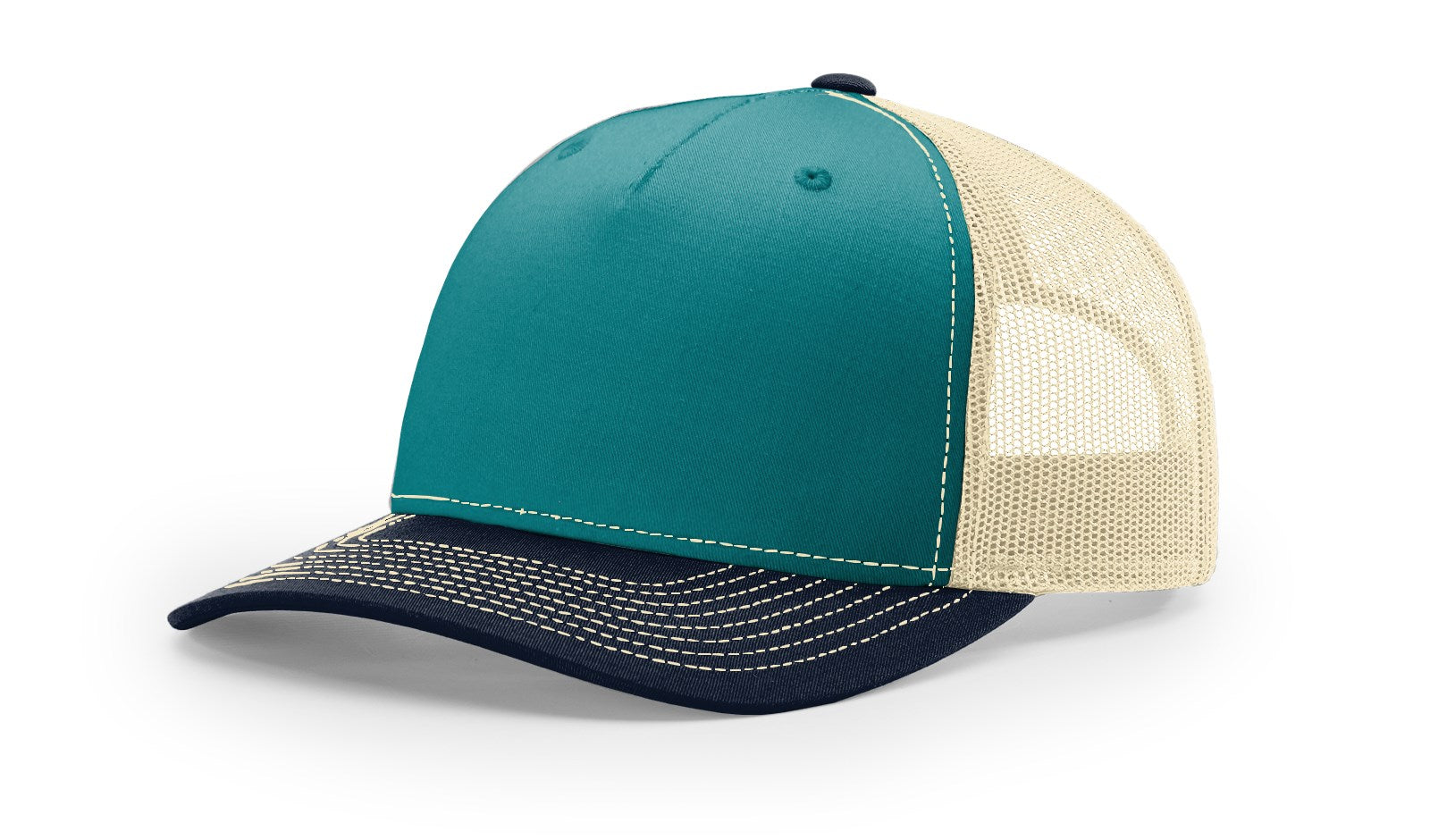 Richardson 112FP Trucker Hat in blue, teal, birch, and navy color scheme.