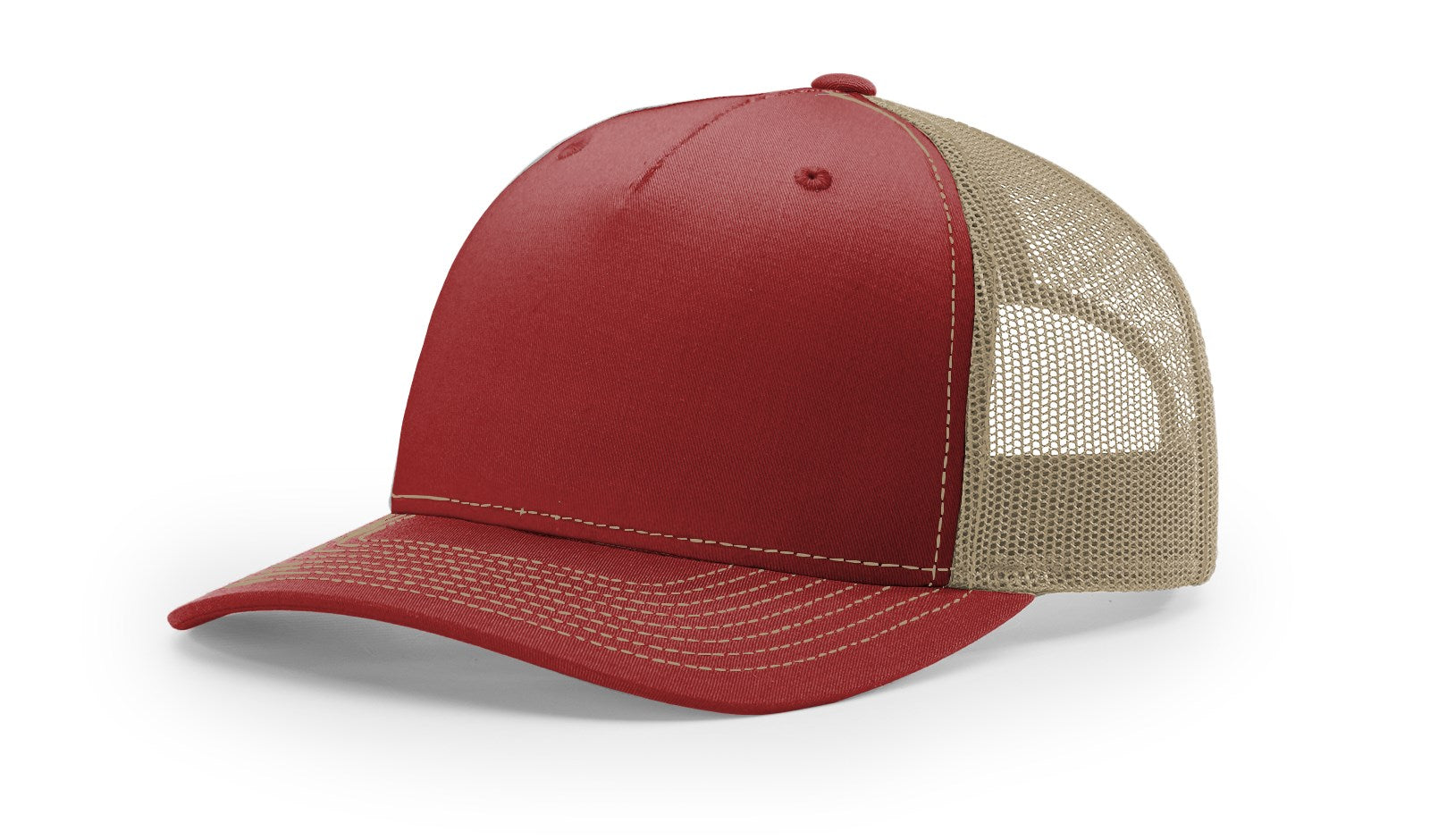 Richardson 112FP Trucker Hat in cardinal and tan with mesh back.
