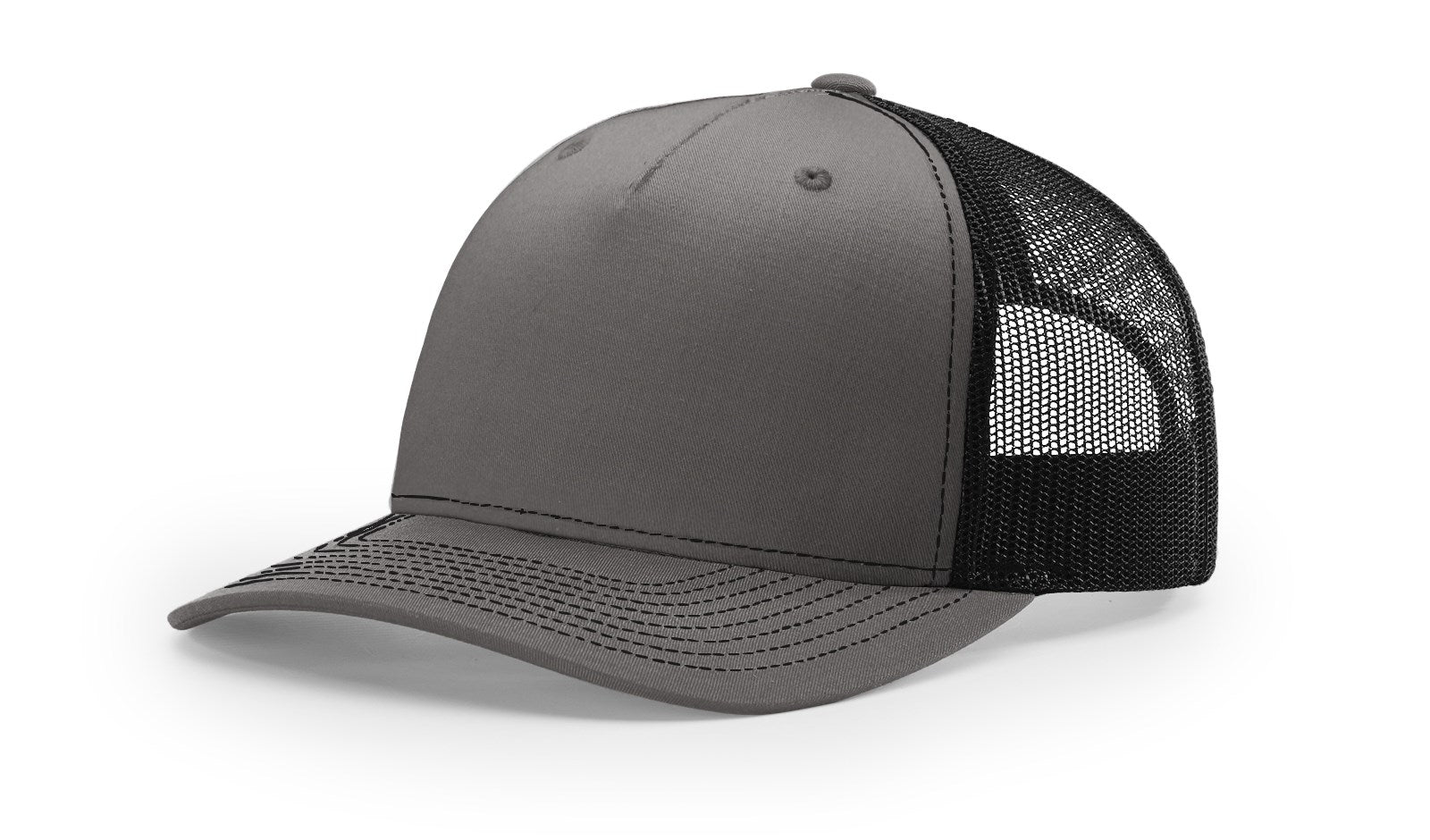 Charcoal-black Richardson 112FP Trucker Hat with mesh back and adjustable snap.