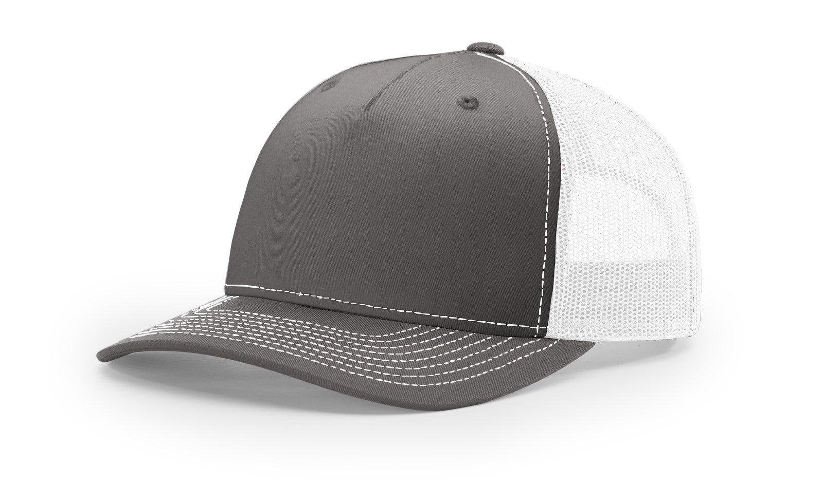 Richardson 112FP Trucker Hat in Charcoal and White with mesh back.