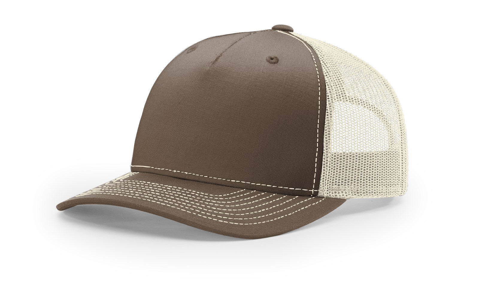 Richardson 112FP Trucker Hat in Chocolate Chip Birch pattern, front view.