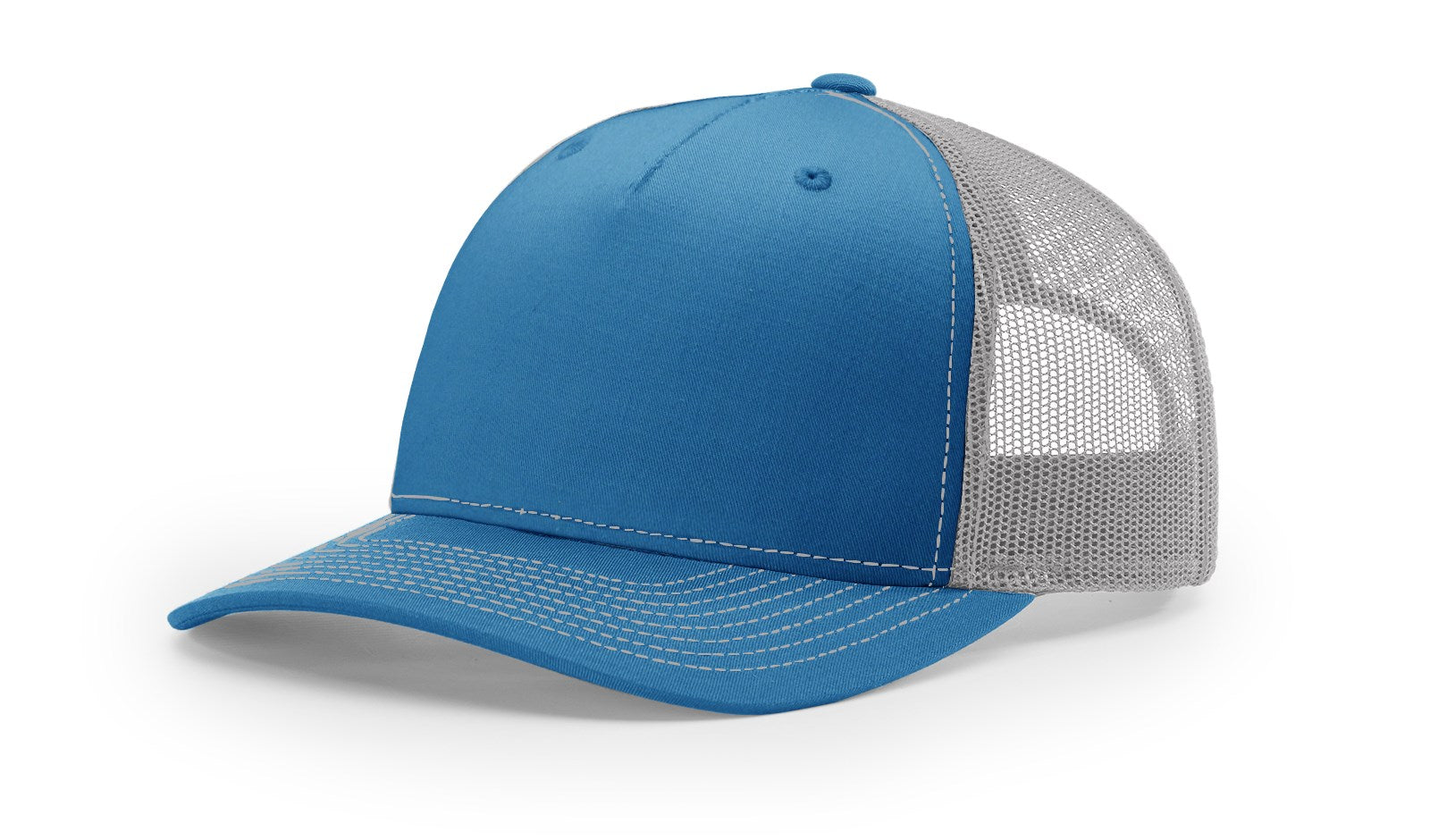 Cobalt blue Richardson 112FP trucker hat with grey mesh back.