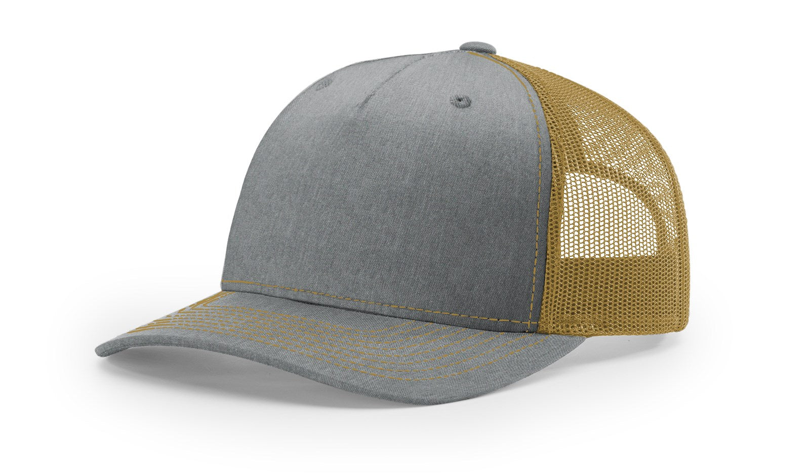 Richardson 112FP Trucker Hat in Heather Grey and Amber Gold on display.