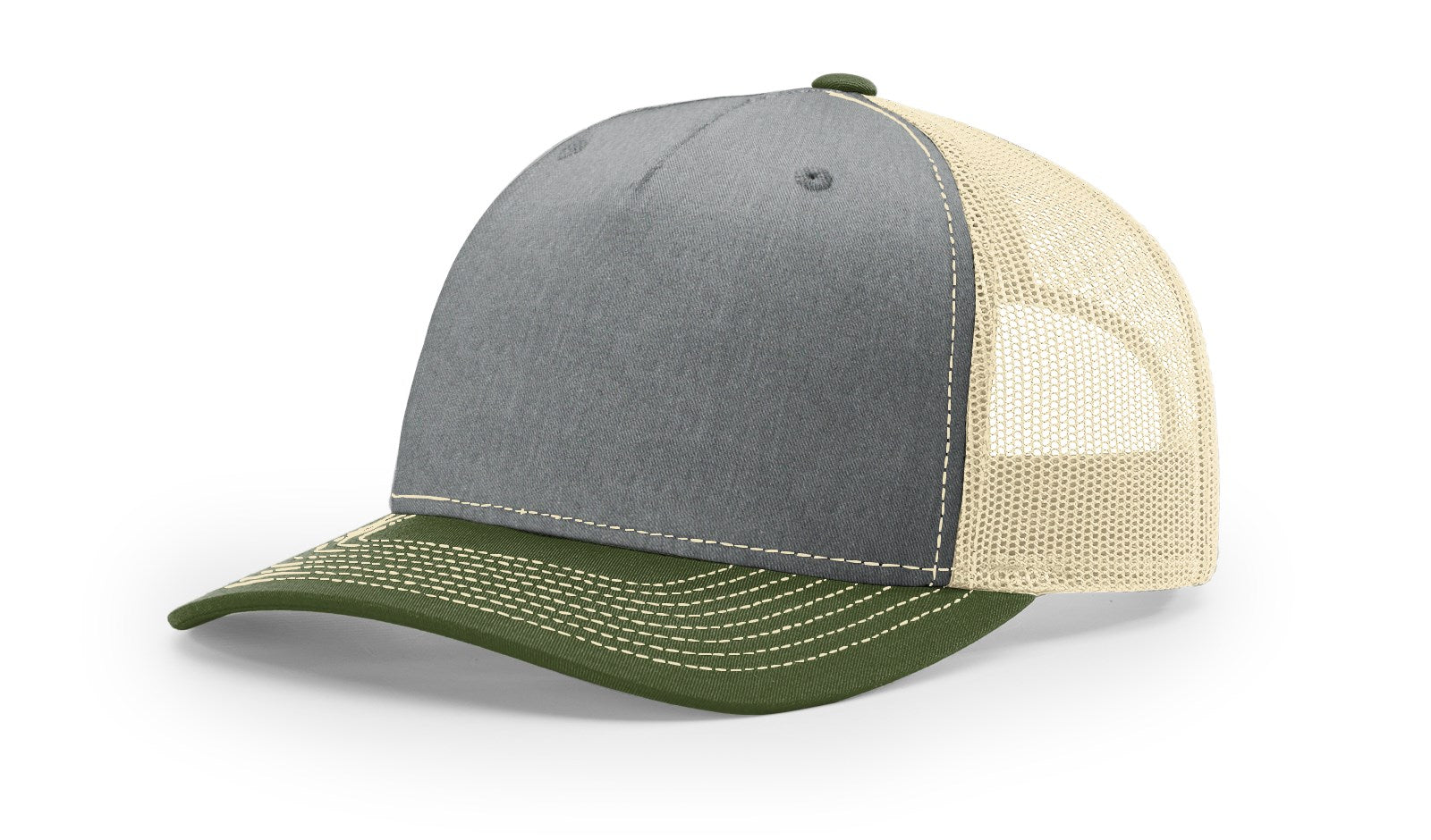 Richardson 112FP Trucker Hat in heather grey, birch, and army olive colors.