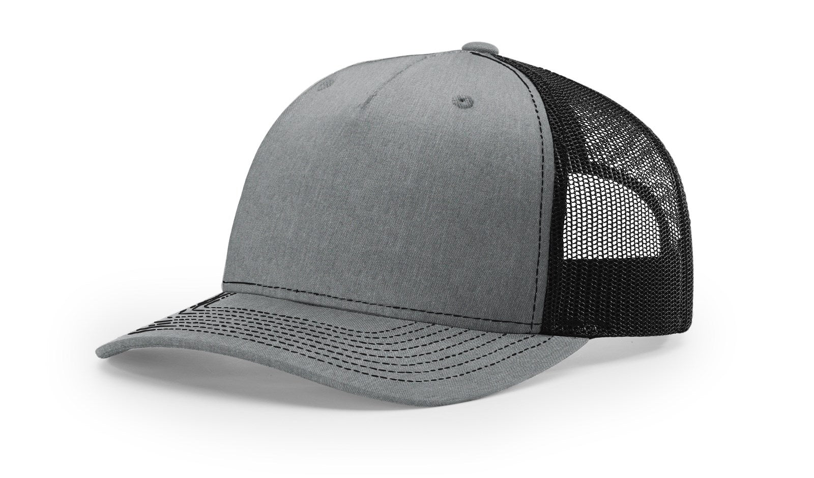 Richardson 112FP Trucker Hat in heather grey and black with mesh back.
