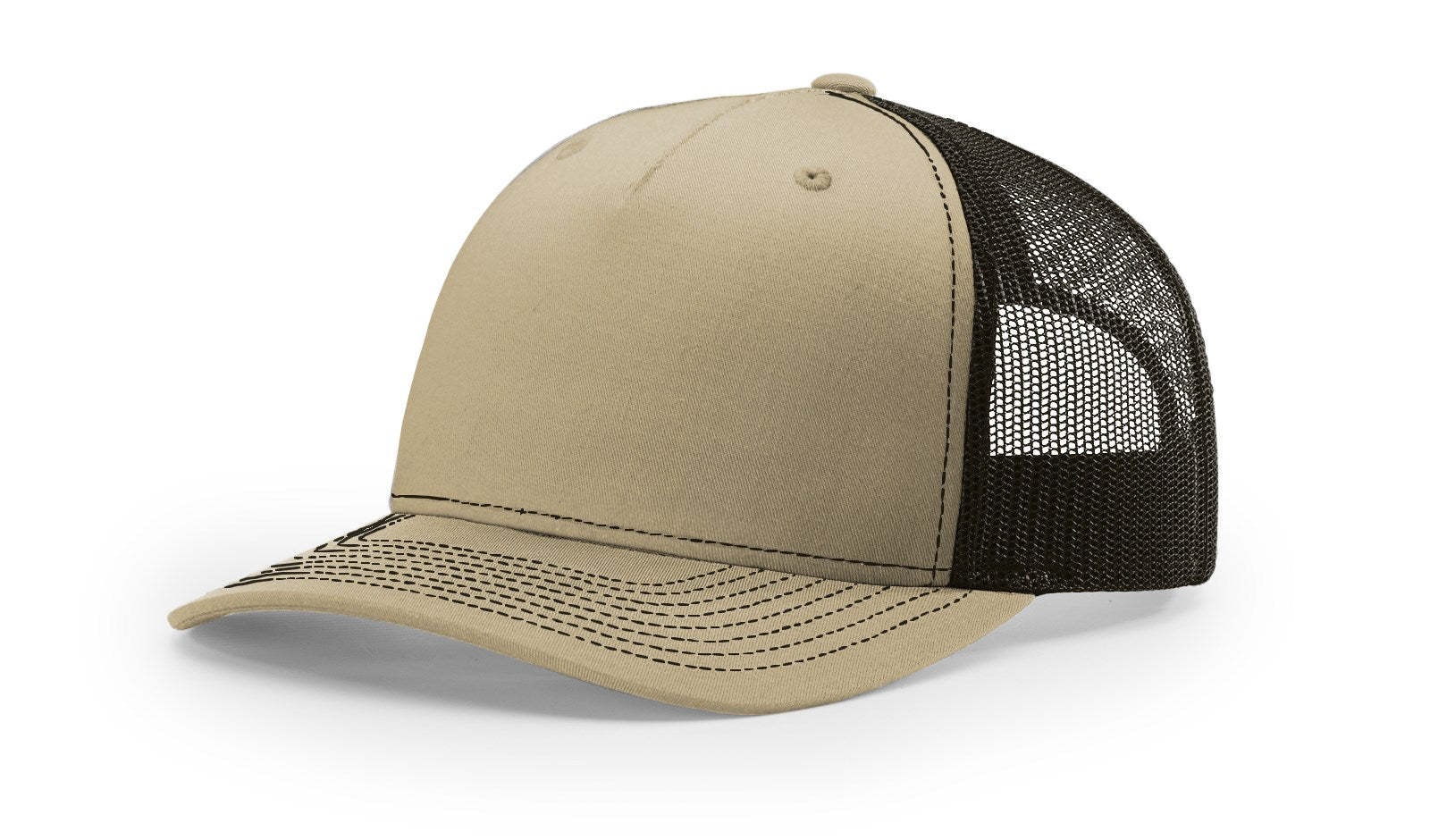 Khaki and coffee Richardson 112FP Trucker Hat with mesh back and adjustable snap.