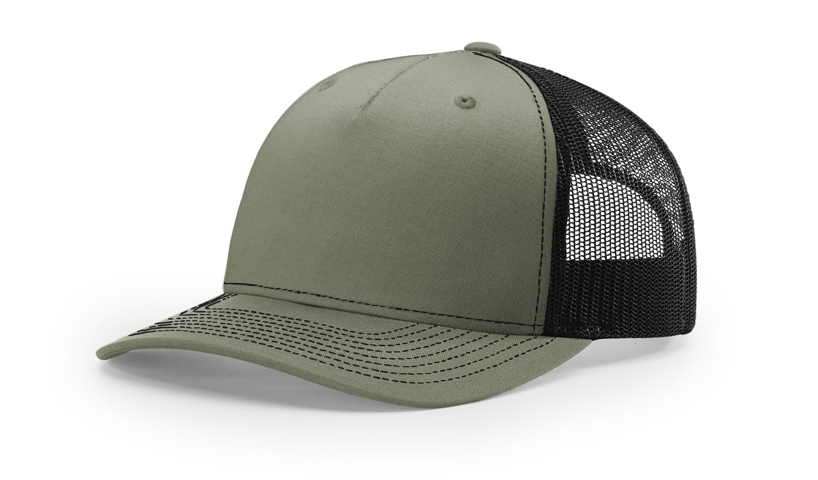 Richardson 112FP Trucker Hat in Loden-Black with mesh back panel.