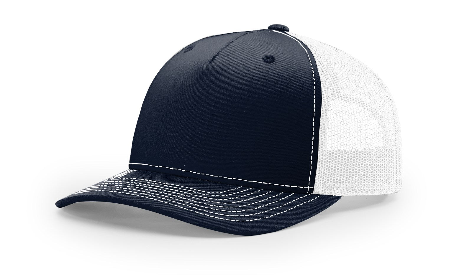 Navy and white Richardson 112FP trucker hat with mesh back and adjustable strap.