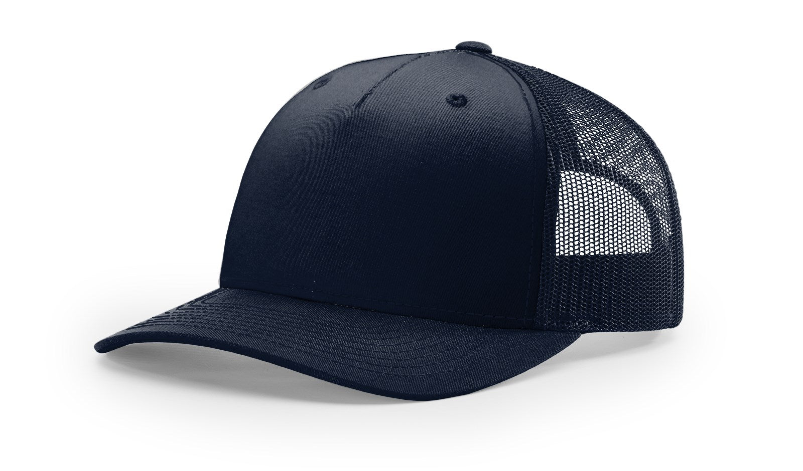Richardson 112FP Navy Trucker Hat with mesh back and adjustable snap closure.
