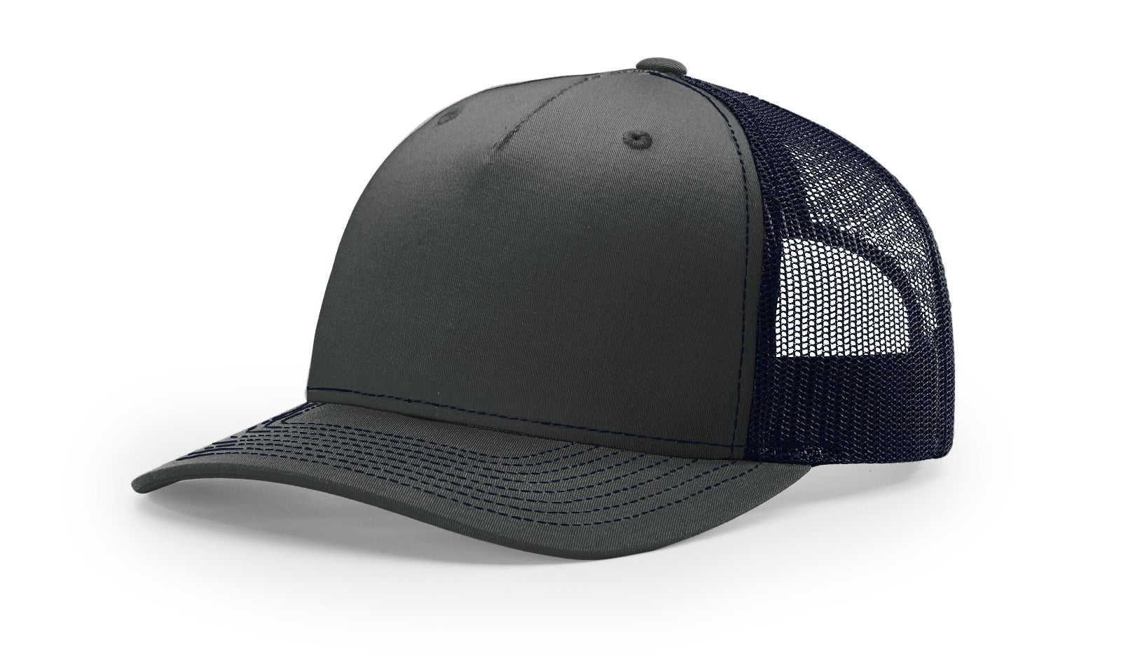 Richardson 112FP Trucker Hat in Ombre Blue-Navy with mesh back and curved bill.