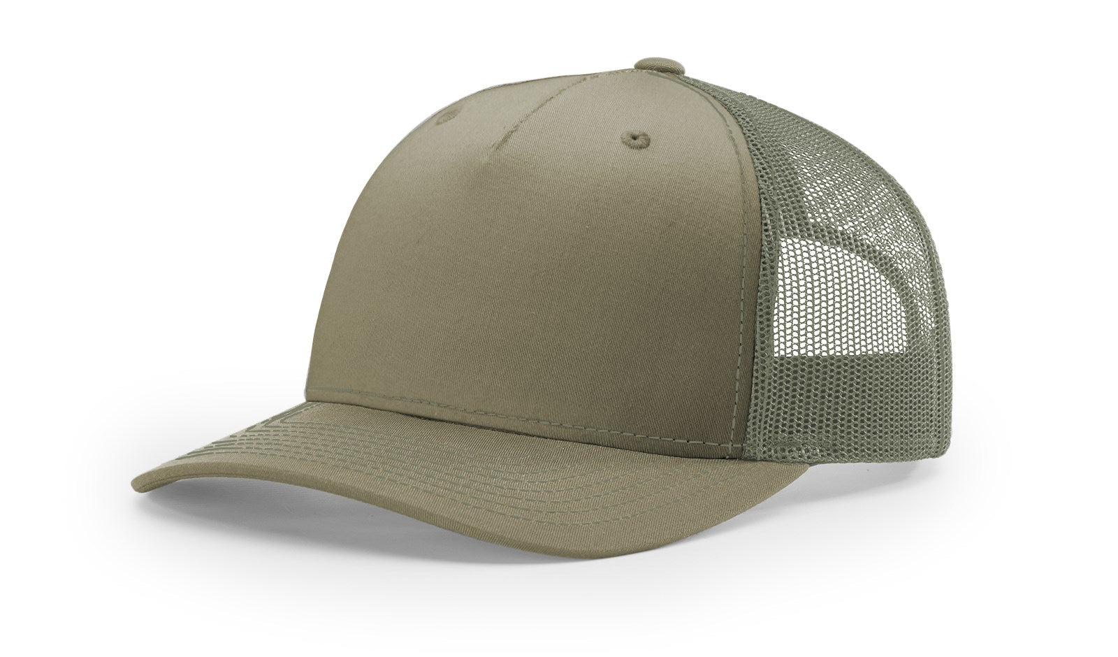 Richardson 112FP Trucker Hat in Pale Khaki and Loden with mesh back.