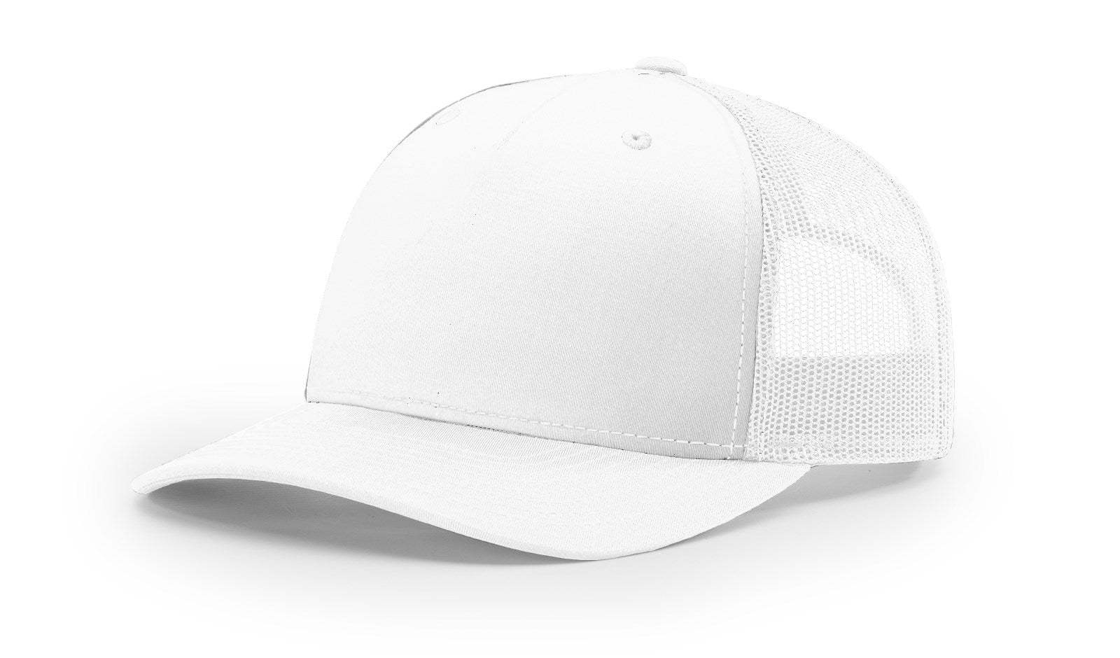 Richardson 112FP white trucker hat with mesh back and adjustable snap closure.