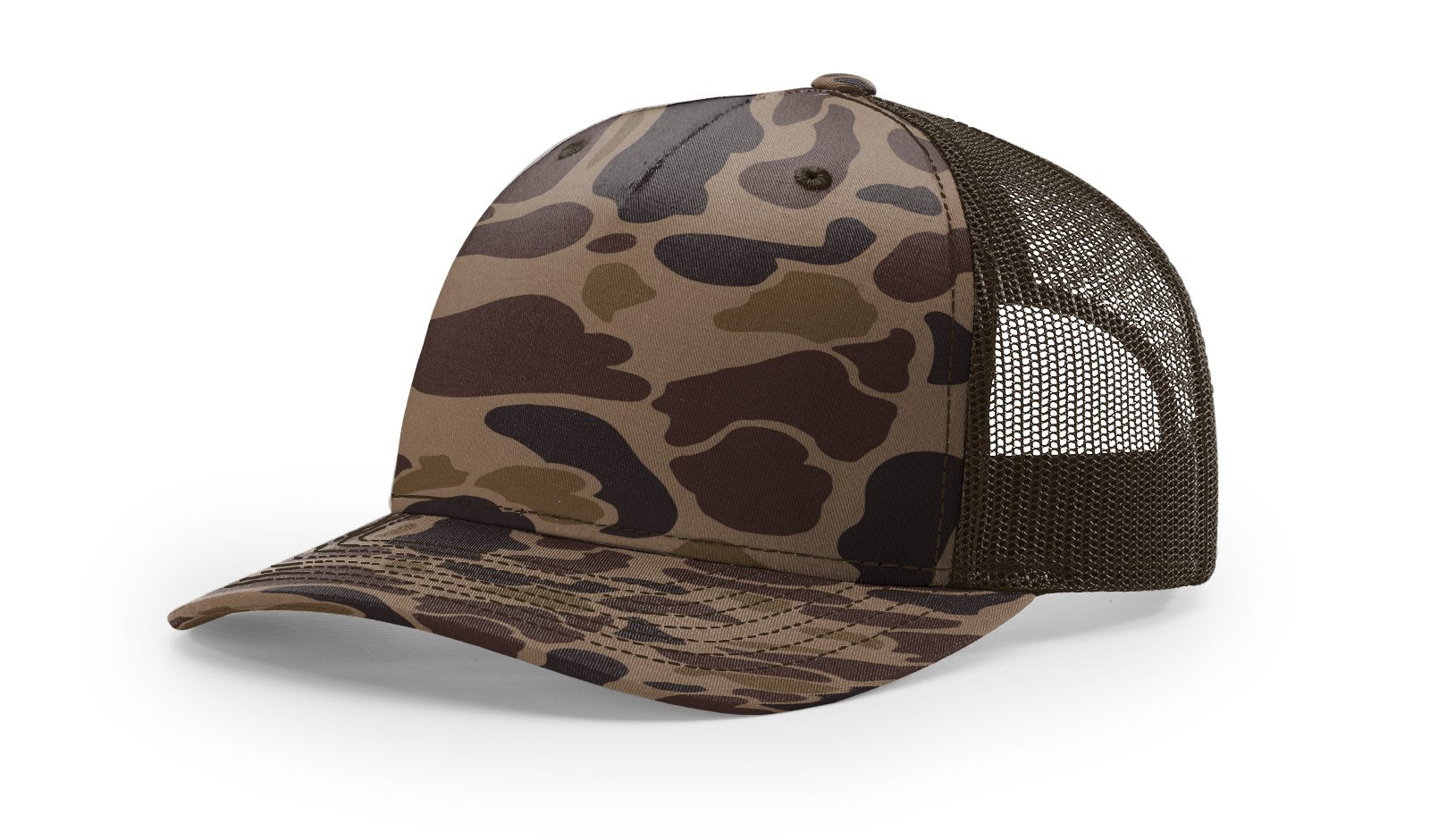 Richardson 112 Blank Trucker Hat in Bark Duck Camo with brown mesh back.