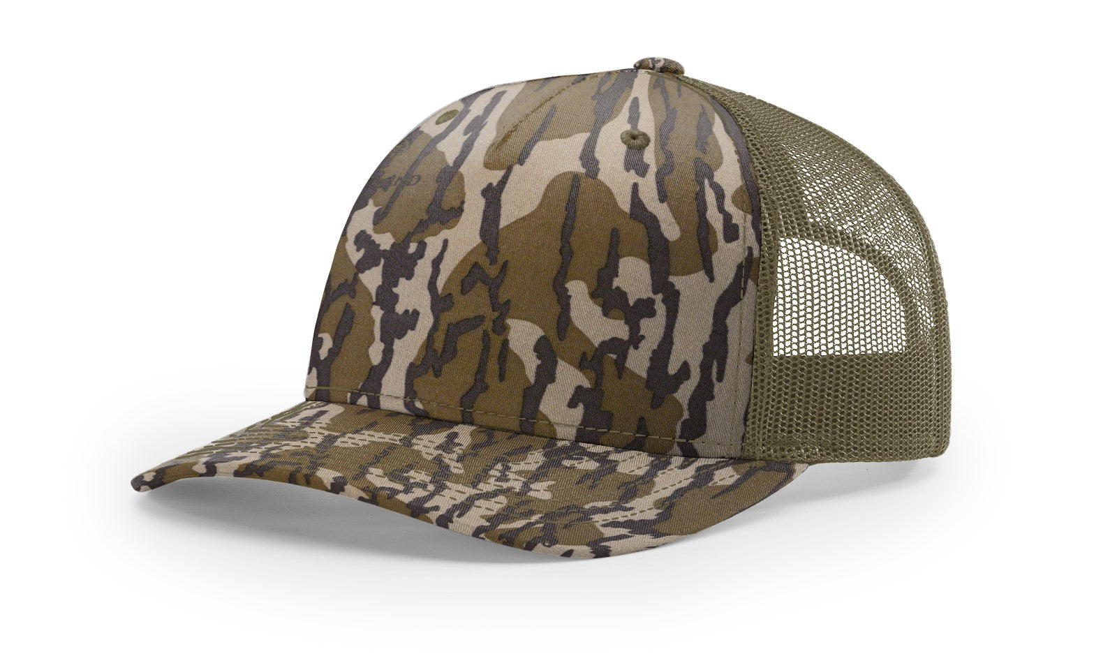 Duck Camo Collection Richardson 112 PFP Camo Trucker Hat in Mossy Oak Bottomland.