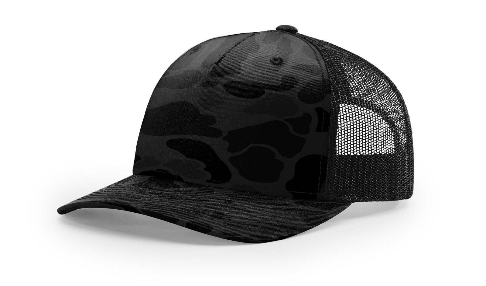 Richardson 112 Blank Trucker Hat in Sable Duck Camo-Black design.
