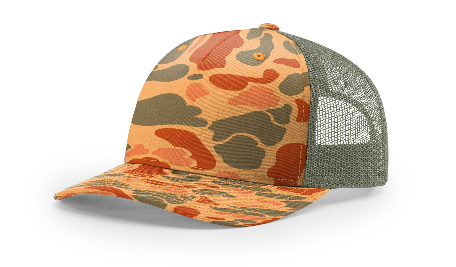 Richardson 112 Blank Trucker Hat in Sienna Duck Camo and Loden Green.
