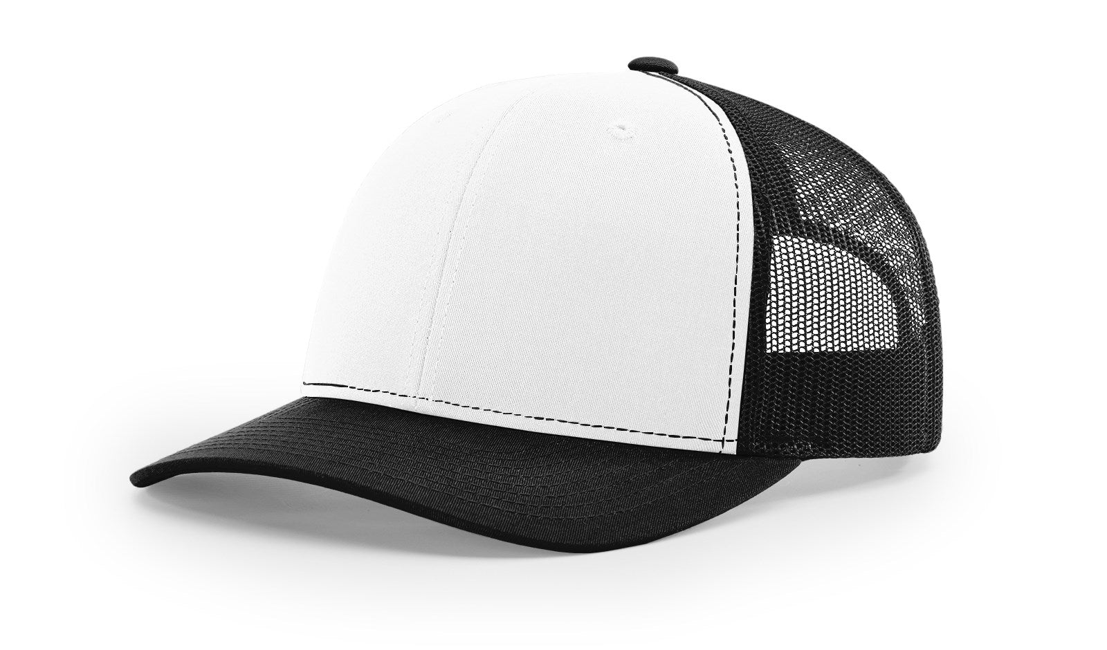 Richardson 112 Blank Trucker Hat in white and black displayed on a plain background.