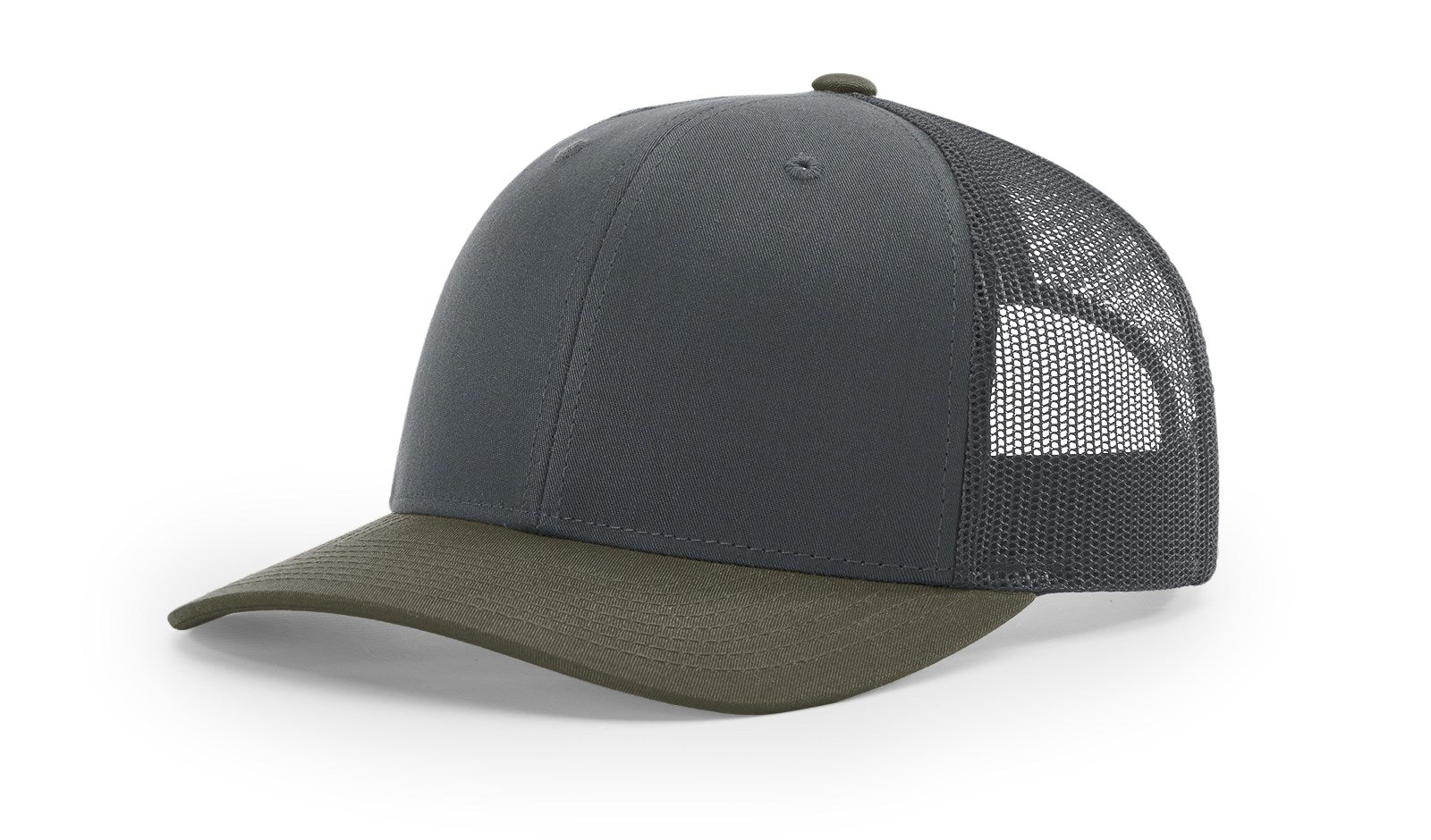 Richardson 112 Blank Trucker Hat in Gunmetal and Chocolate Chip color.