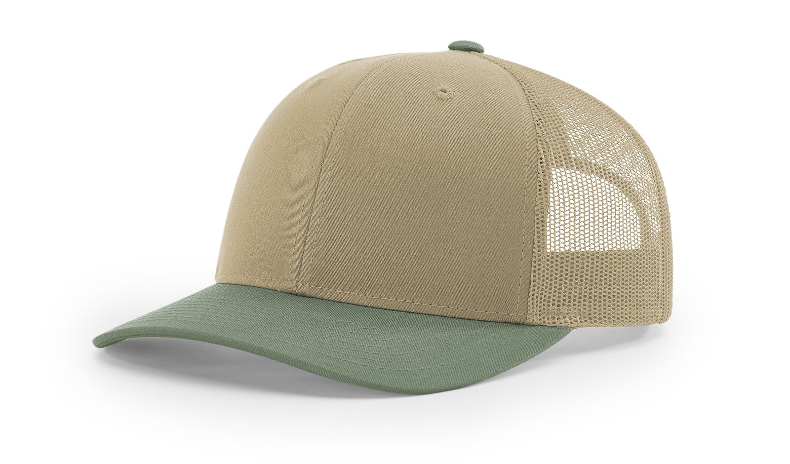 Richardson 112 Blank Trucker Hat in khaki and loden green, front view.