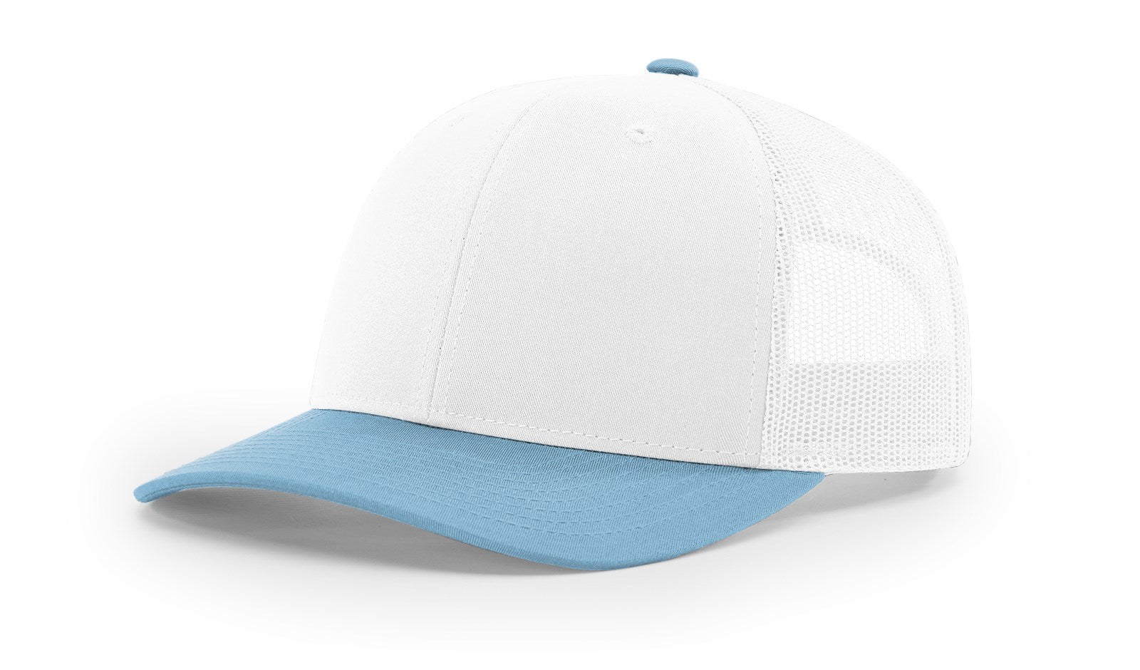 Richardson 112 Blank Trucker Hat, white front, Columbia blue mesh back.