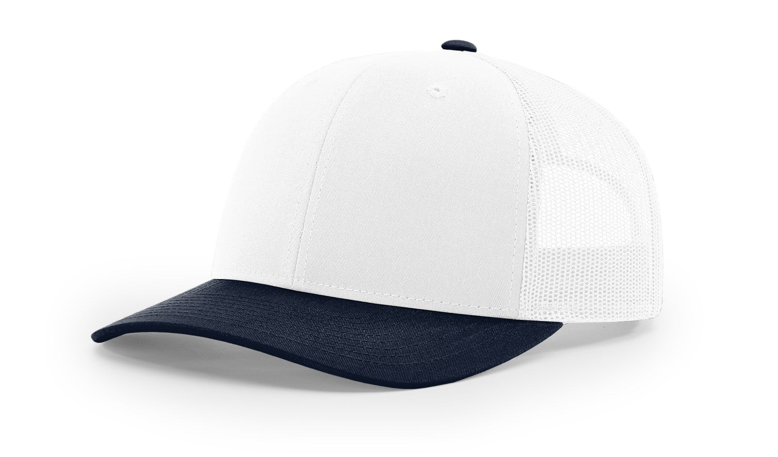 Richardson 112 Blank Trucker Hat in white and navy, front and side view.