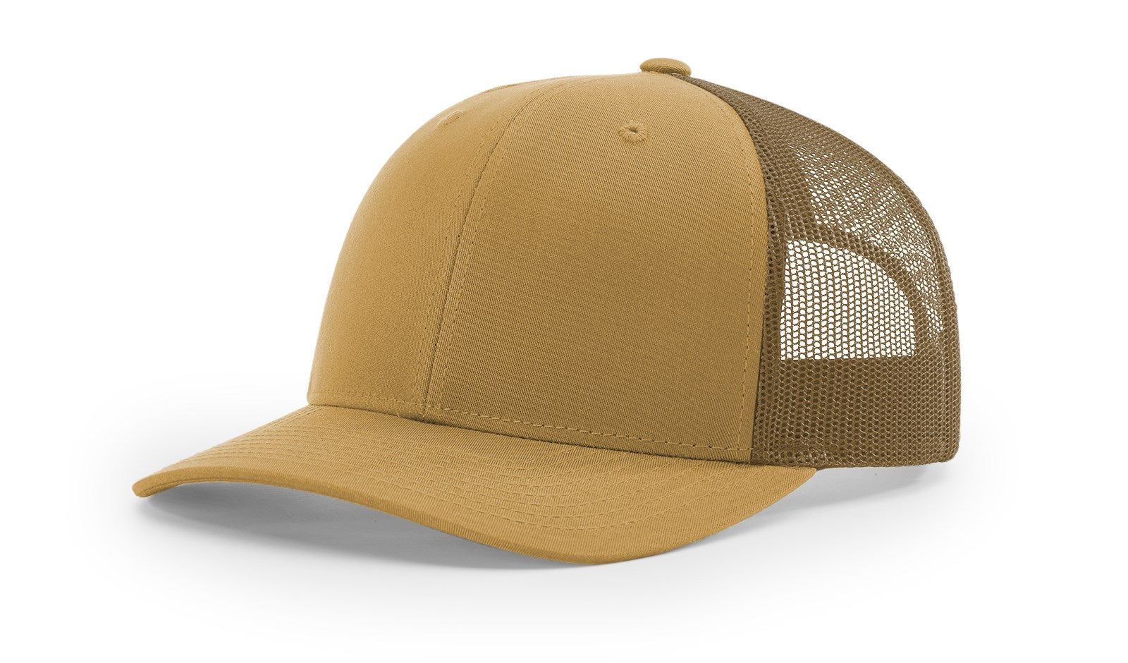 Richardson 112 Blank Trucker Hat in solid amber gold color, front view.