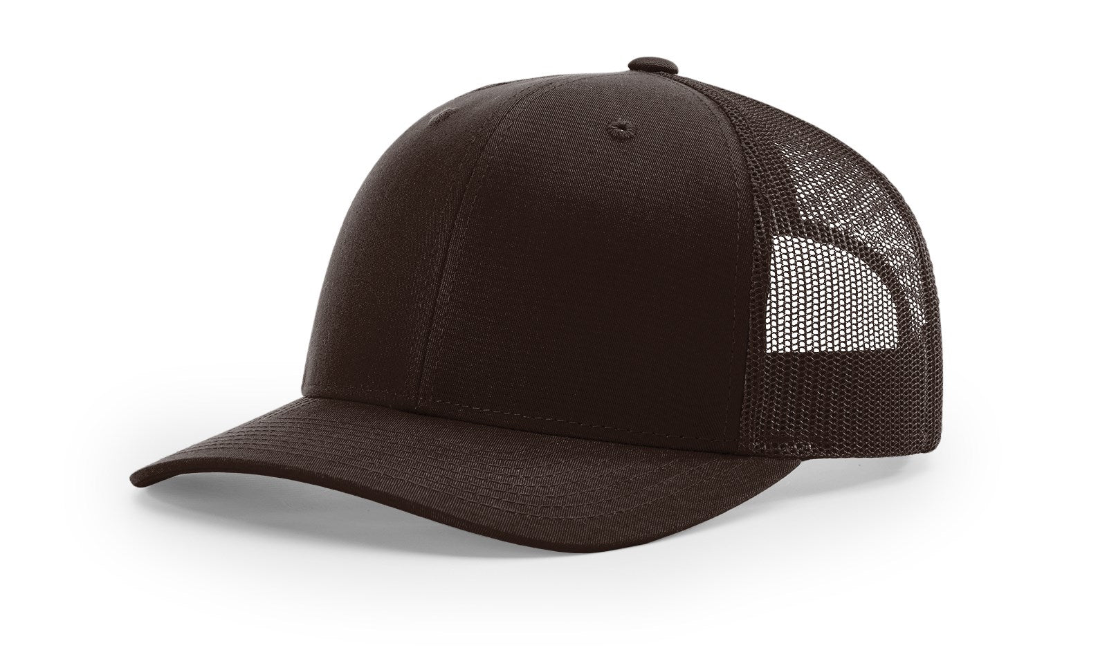 Richardson 112 blank trucker hat in solid coffee color displayed on white background.