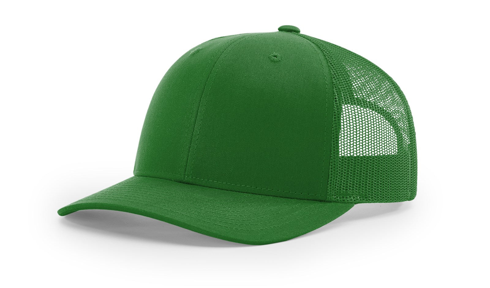 Richardson 112 Blank Trucker Hat in solid kelly green displayed on white background.