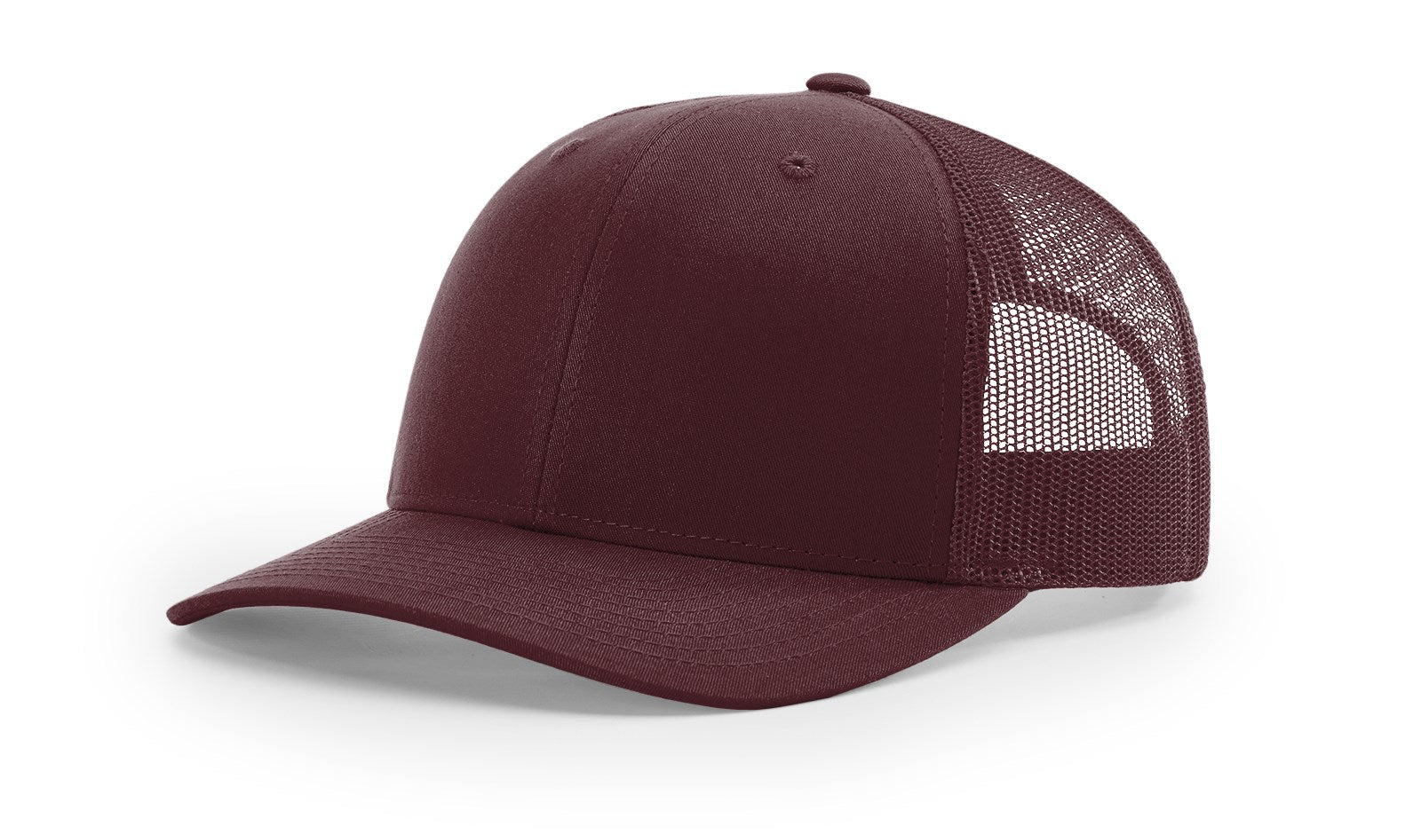 Solid maroon Richardson 112 blank trucker hat with mesh back panel.
