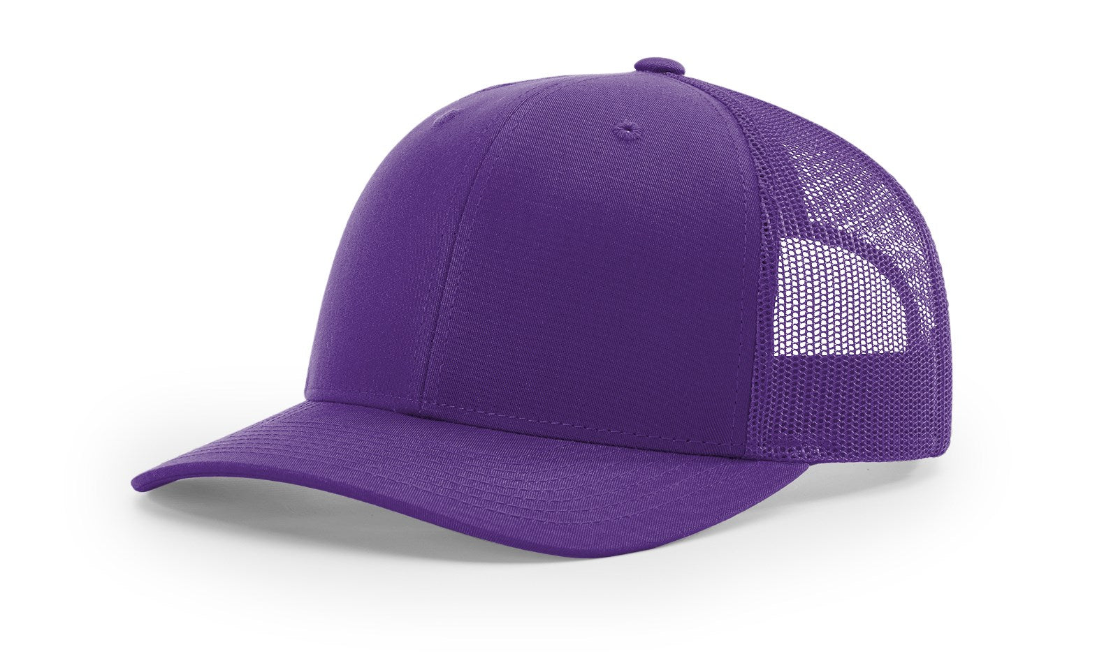 Richardson 112 solid purple trucker hat with mesh back and adjustable snap closure.