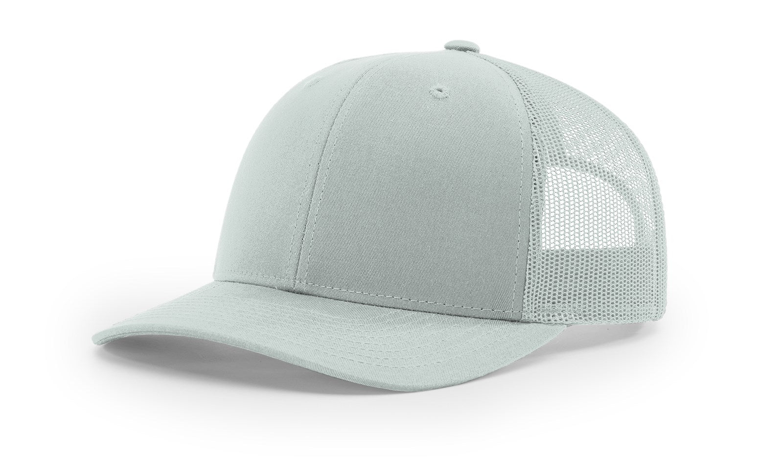 Gray Richardson 112 Blank Trucker Hat with mesh back and adjustable snap closure.