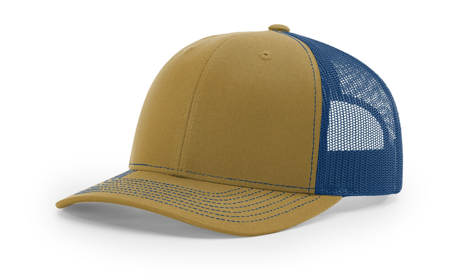 Richardson 112 Blank Trucker Hat, Split Biscuit and True Blue color, front view.