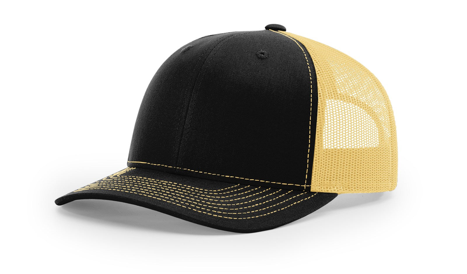 Richardson 112 Blank Trucker Hat in black and Vegas gold on white background.