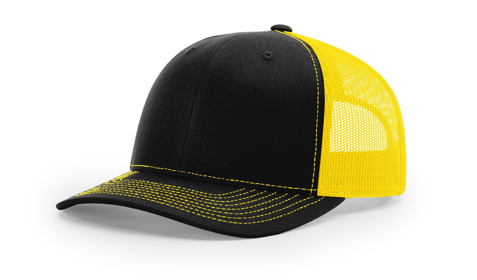 Richardson 112 Blank Trucker Hat, black front, yellow mesh back, flat lay view.