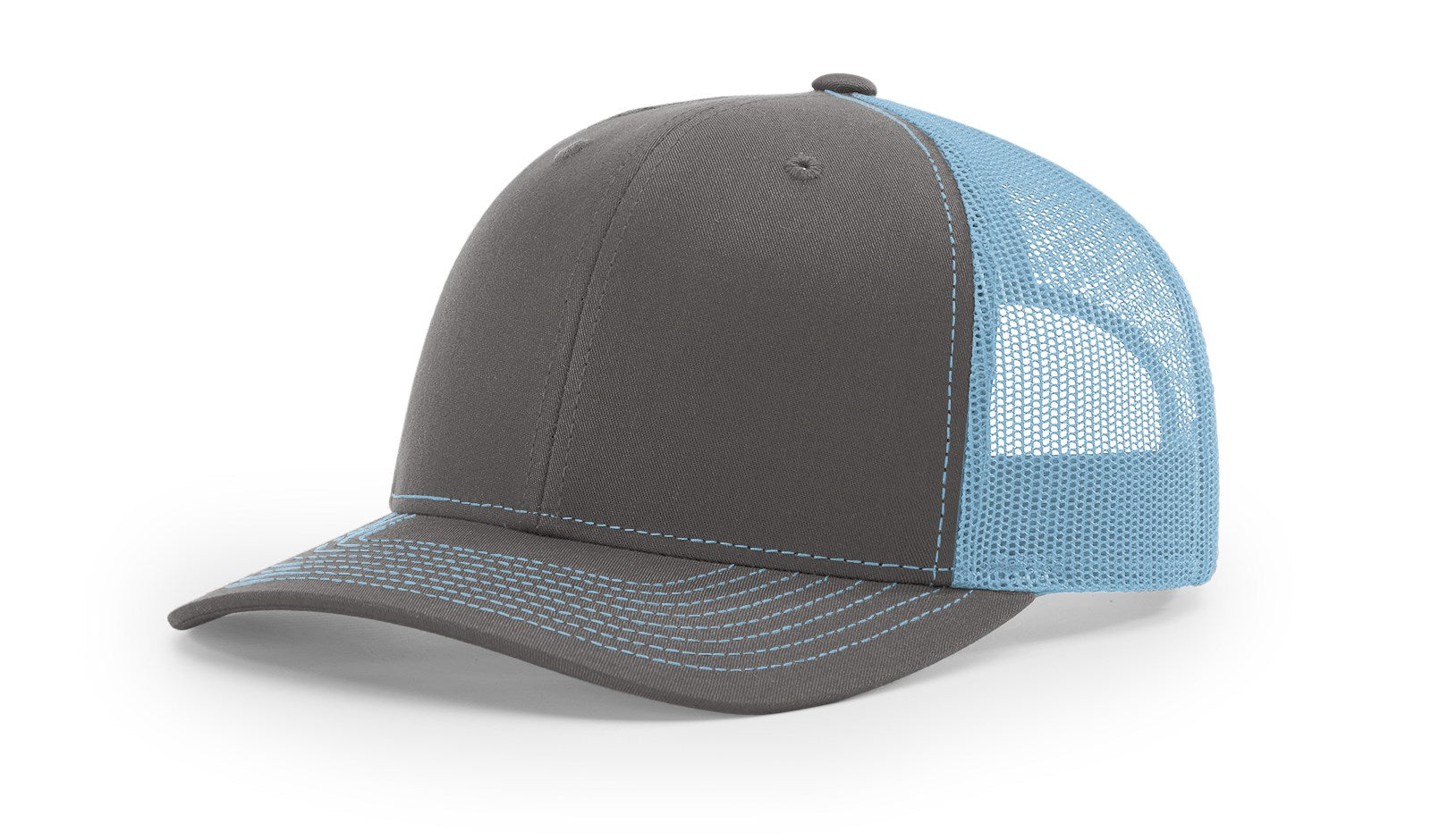 Richardson 112 Blank Trucker Hat in charcoal and Columbia blue front view.