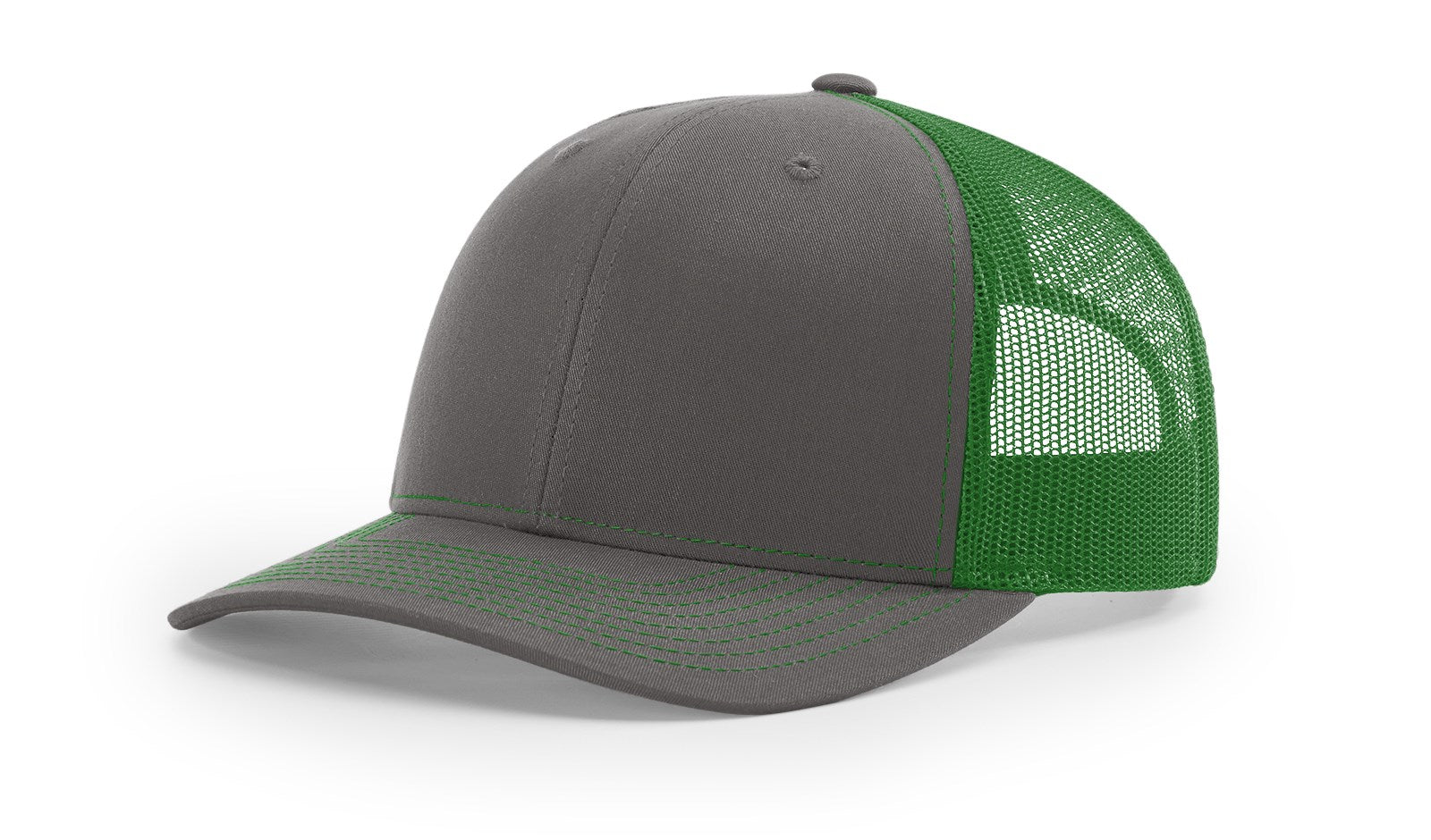 Richardson 112 Blank Trucker Hat in split charcoal and kelly green.
