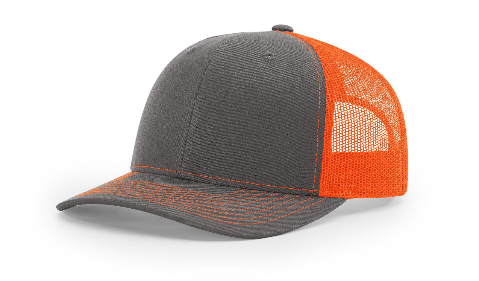 Richardson 112 Blank Trucker Hat, Split Charcoal and Neon Orange.