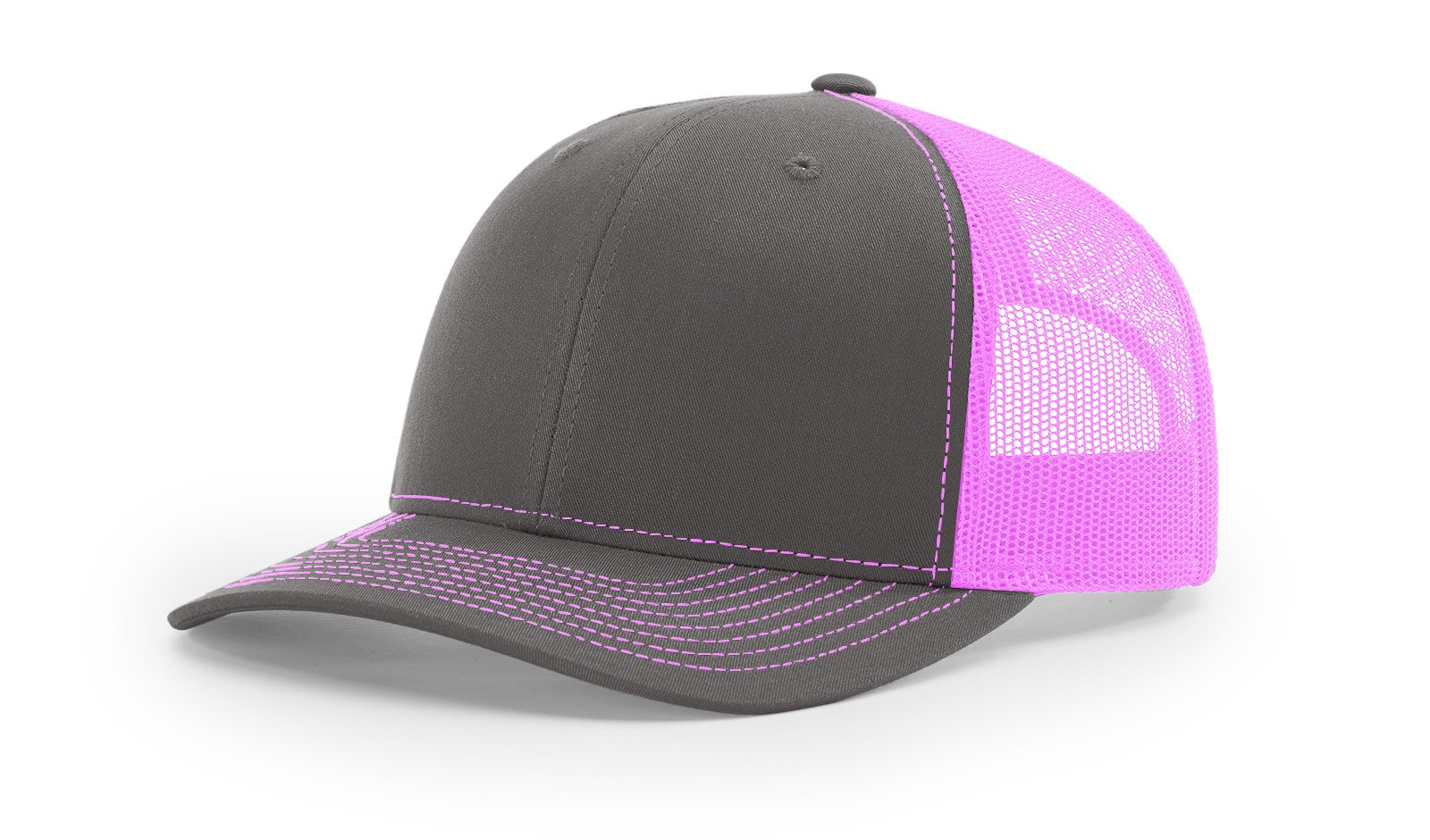 Richardson 112 Blank Trucker Hat in Split Charcoal and Neon Pink colors.