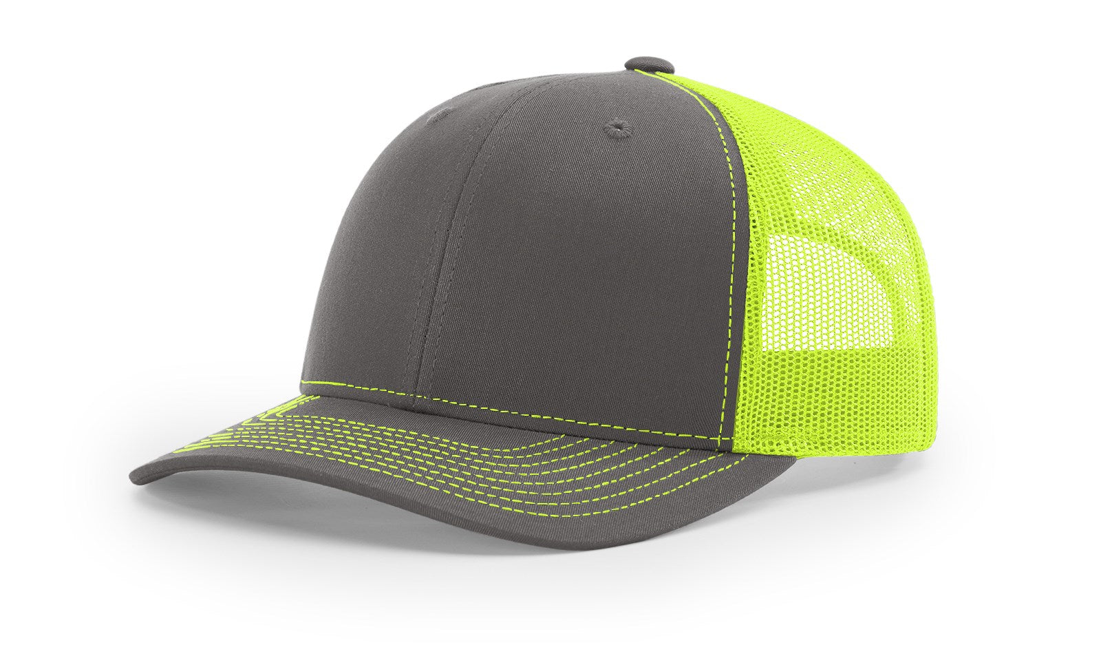 Richardson 112 Blank Trucker Hat in split charcoal and neon yellow.