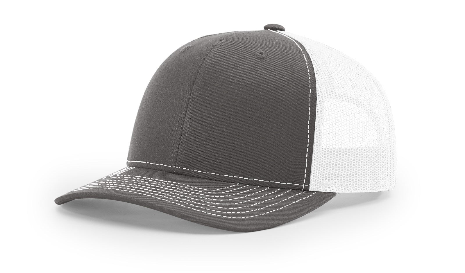 Richardson 112 Blank Trucker Hat, split charcoal and white design, front view.