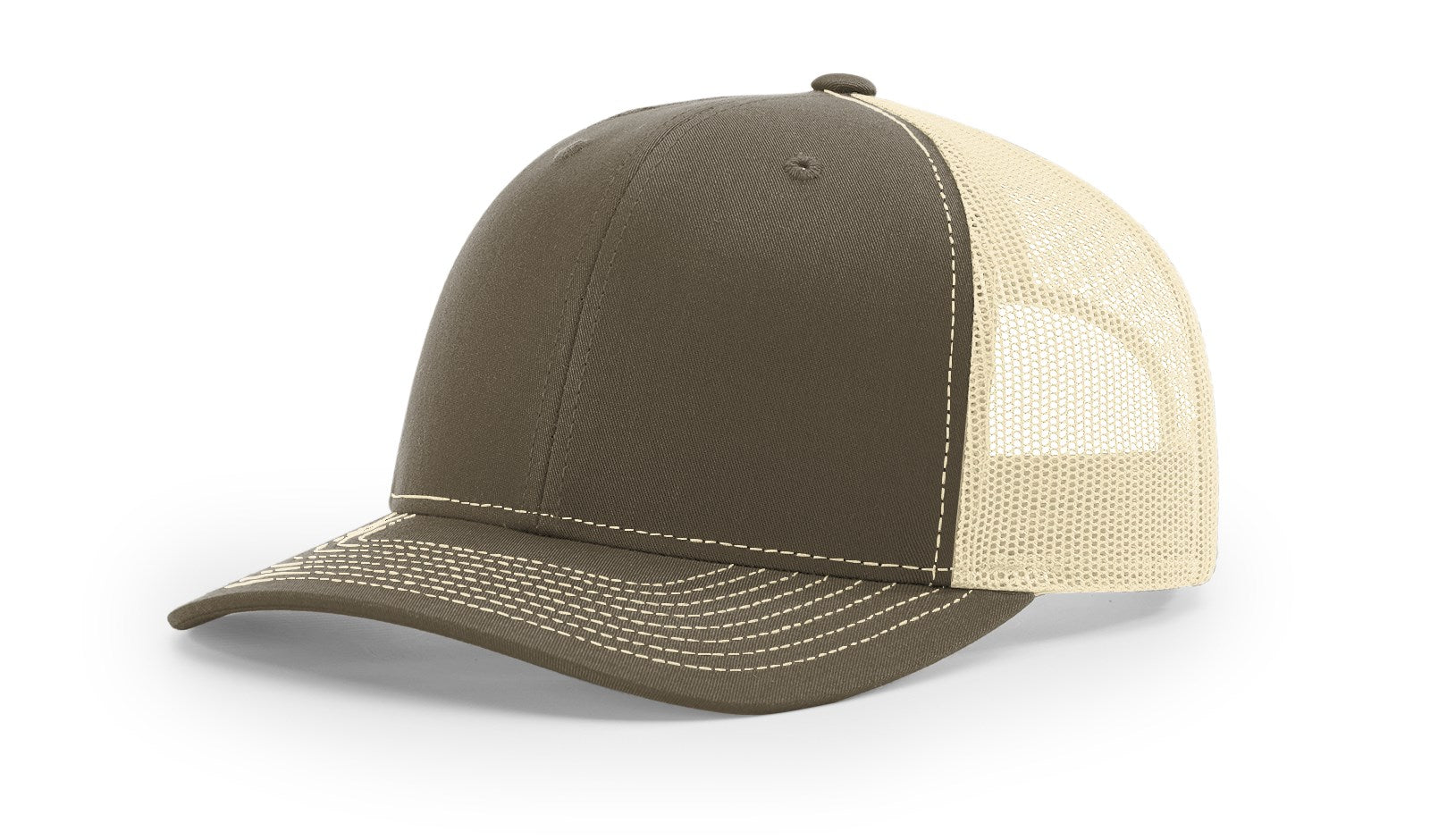 Richardson 112 Blank Trucker Hats in Chocolate Chip and Birch colors.