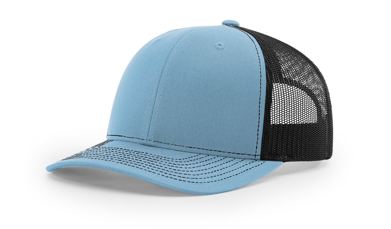 Richardson 112 Blank Trucker Hat, Columbia Blue and Black, front and side view.