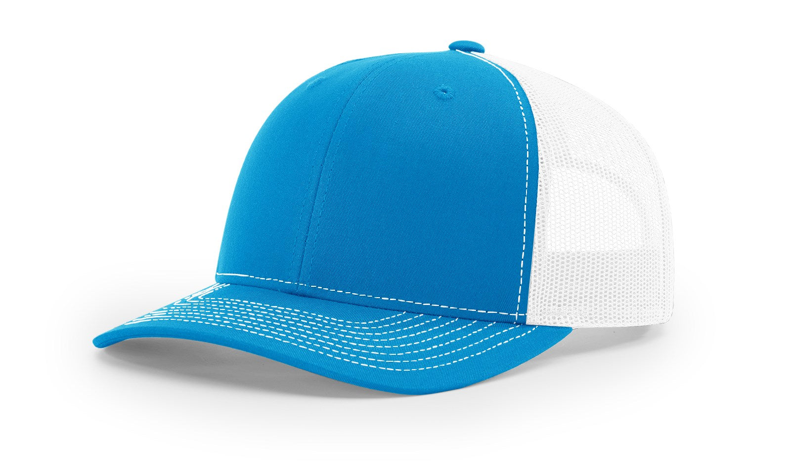 Blue and white Richardson 112 blank trucker hat on a plain background.