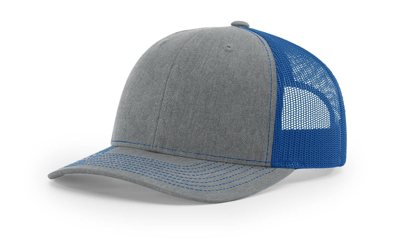 Richardson 112 Blank Trucker Hat in Heather Grey and Royal Blue.