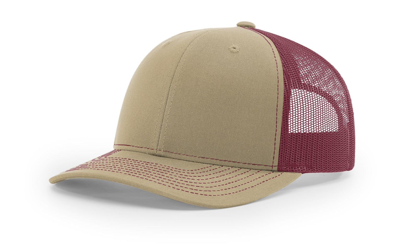 Richardson 112 Blank Trucker Hat, khaki front, burgundy mesh back.
