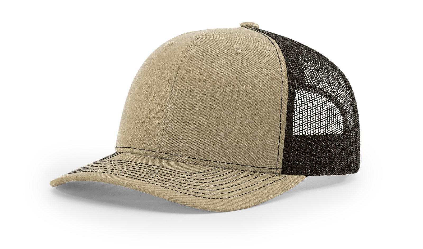 Richardson 112 blank trucker hat in split khaki and coffee color on white background.
