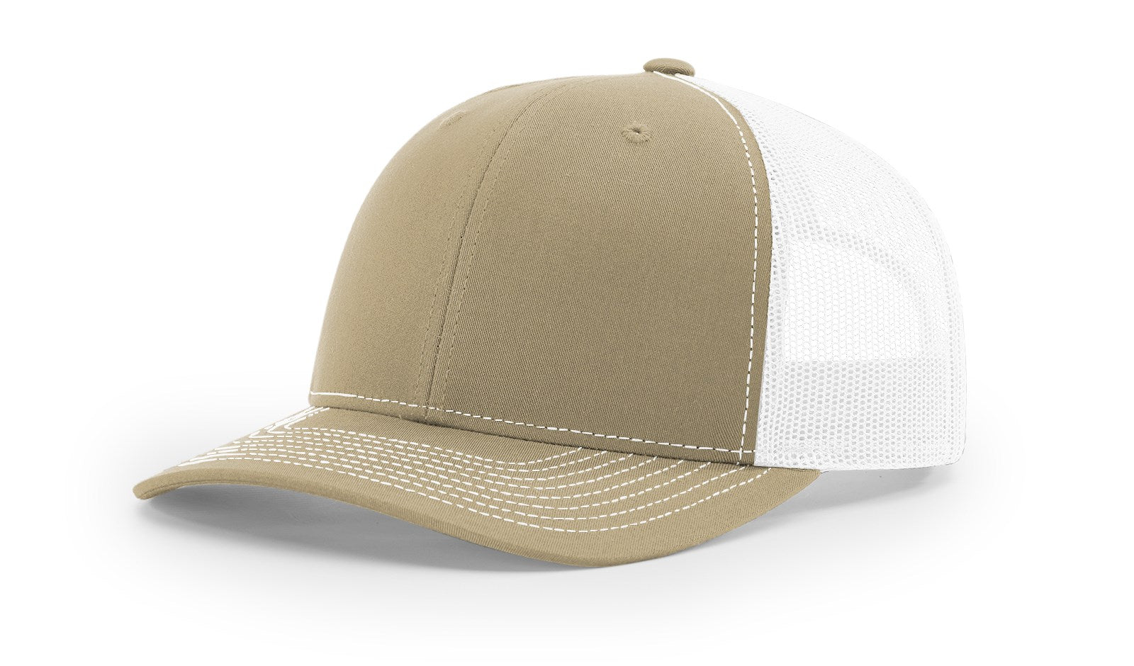 Richardson 112 Blank Trucker Hat in khaki and white, side view.