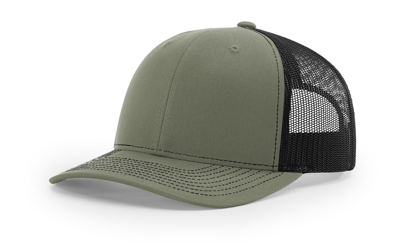Richardson 112 Blank Trucker Hat in split loden and black color, front view.