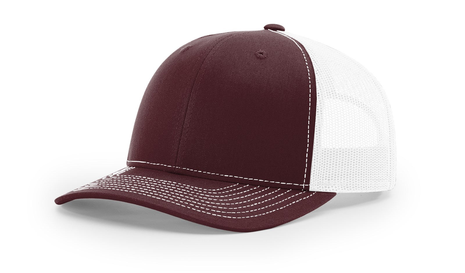 Richardson 112 Blank Trucker Hat in maroon and white with mesh back.